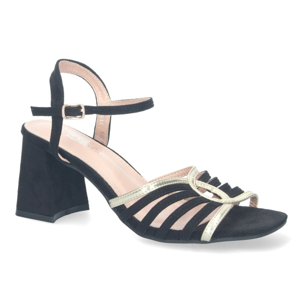 Sandalias Negras Tacón Tiras Anchas Empeine Hebilla Fiesta