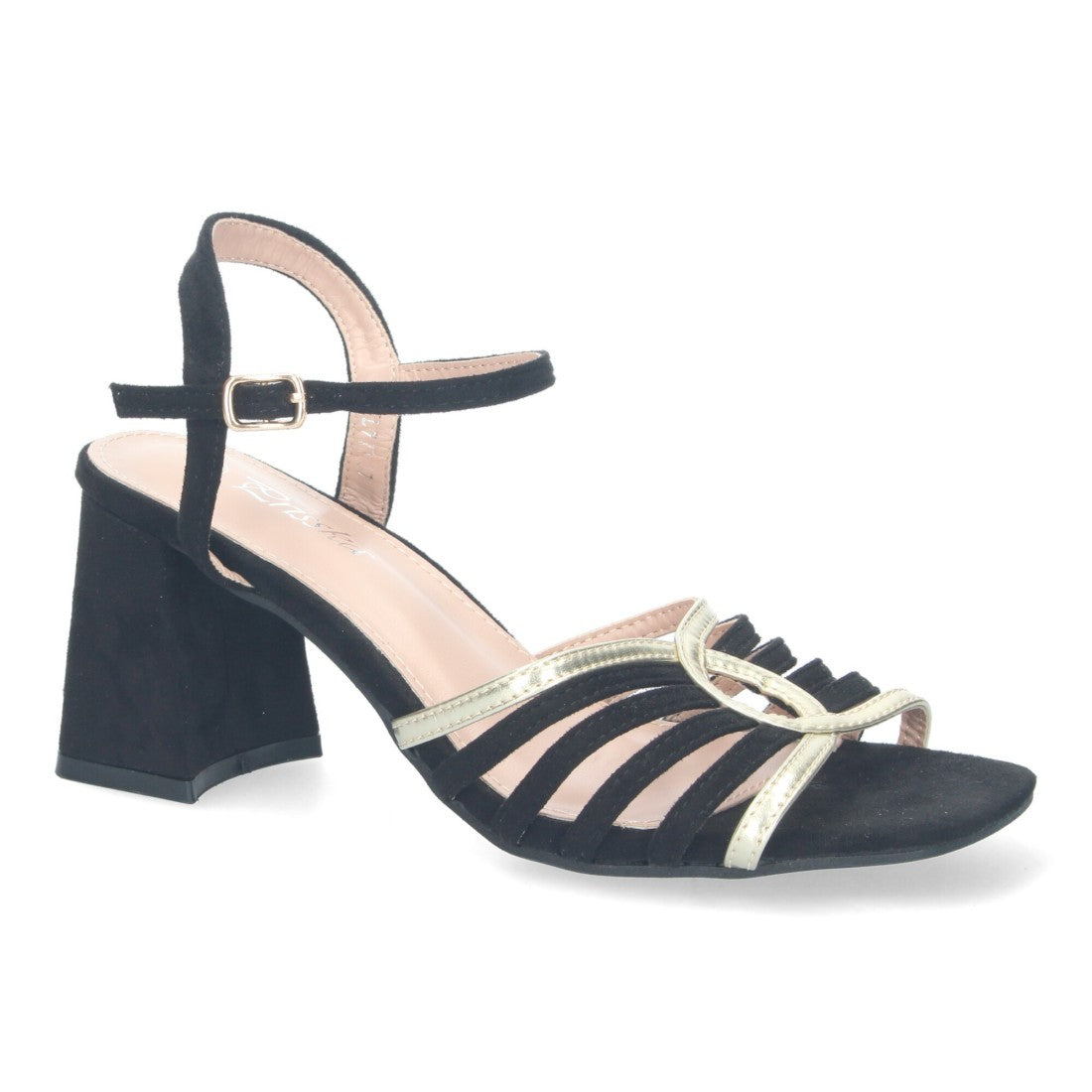 Sandalias Negras Tacón Tiras Anchas Empeine Hebilla Fiesta