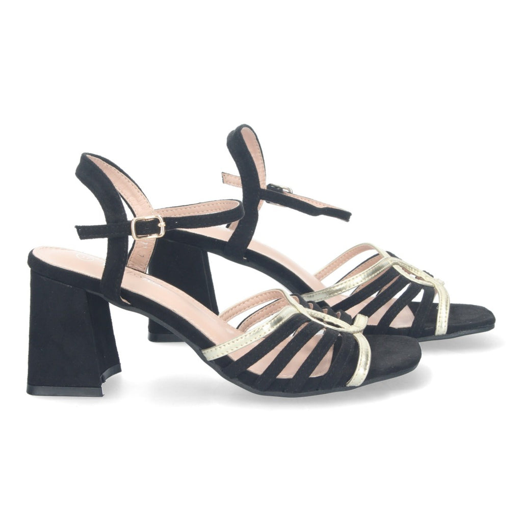 Sandalias Negras Tacón Tiras Anchas Empeine Hebilla Fiesta