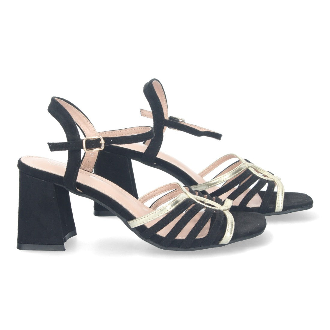 Sandalias Negras Tacón Tiras Anchas Empeine Hebilla Fiesta