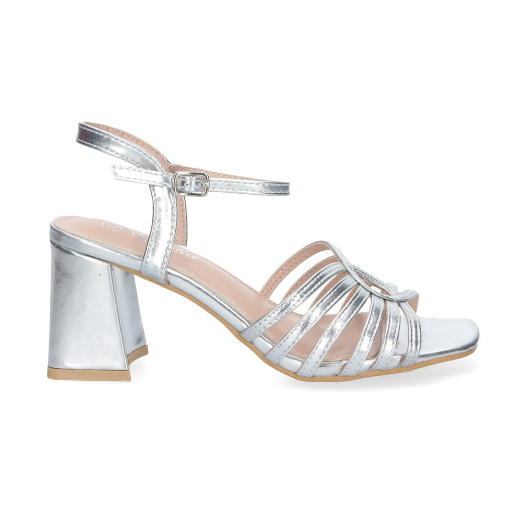 Sandalias Plata Tacón Tiras Anchas Empeine Hebilla Fiesta