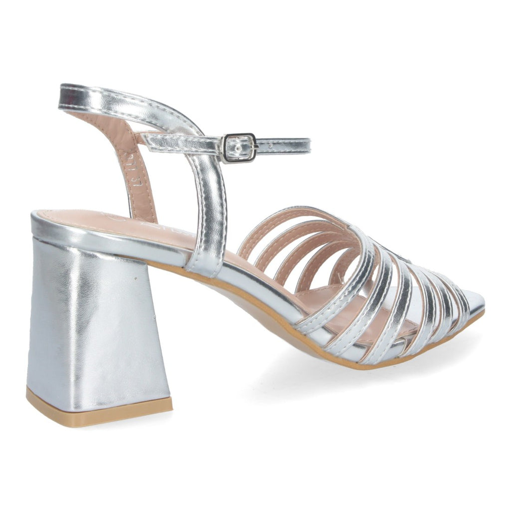 Sandalias Plata Tacón Tiras Anchas Empeine Hebilla Fiesta