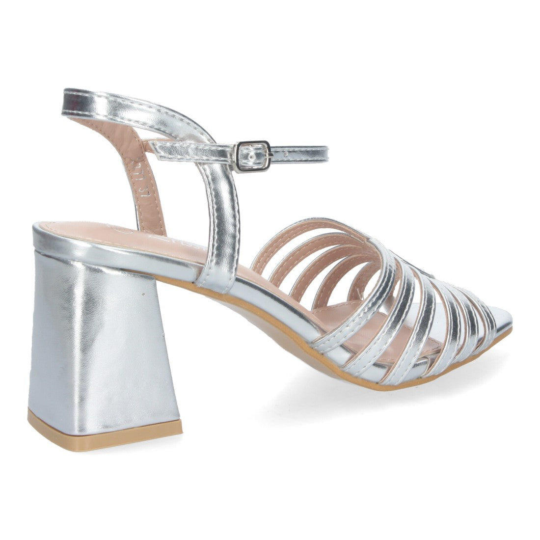 Sandalias Plata Tacón Tiras Anchas Empeine Hebilla Fiesta