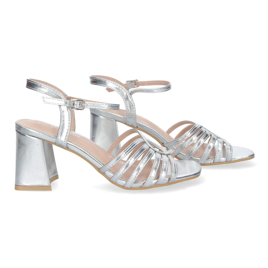 Sandalias Plata Tacón Tiras Anchas Empeine Hebilla Fiesta