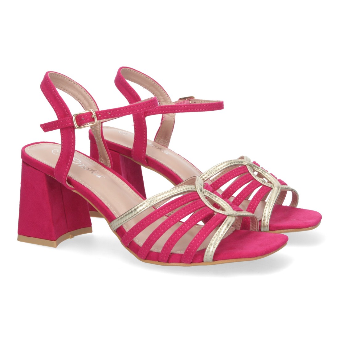 Sandalias Fucsia Tacón Tiras Anchas Empeine Hebilla Fiesta