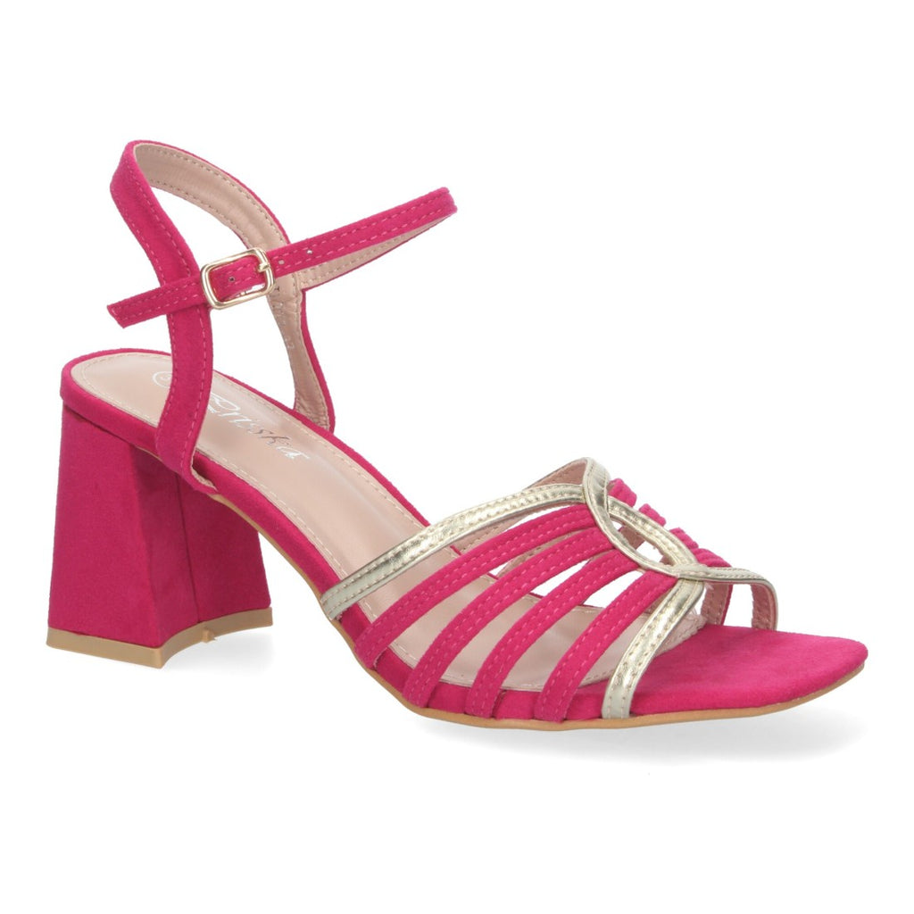 Sandalias Fucsia Tacón Tiras Anchas Empeine Hebilla Fiesta