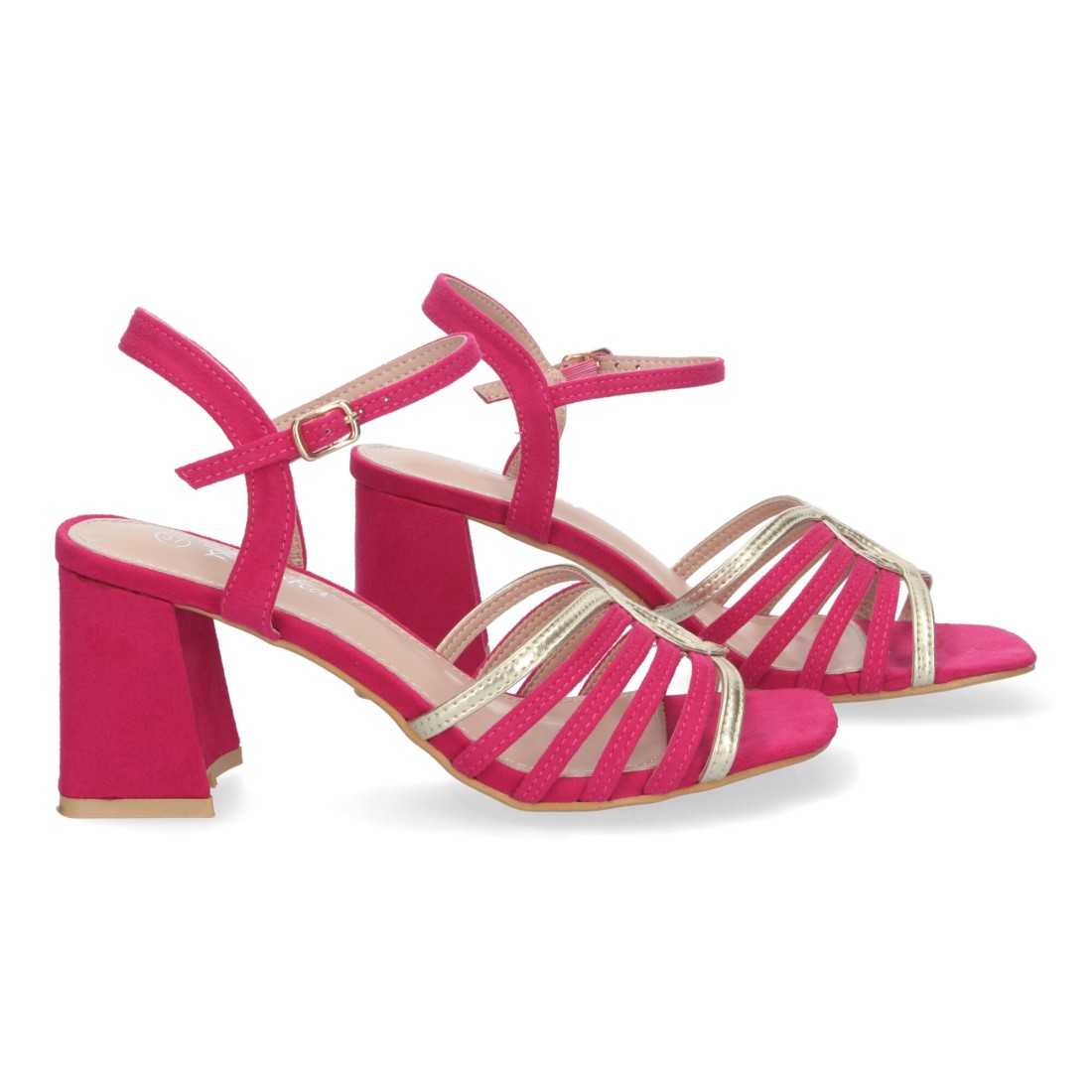 Sandalias Fucsia Tacón Tiras Anchas Empeine Hebilla Fiesta