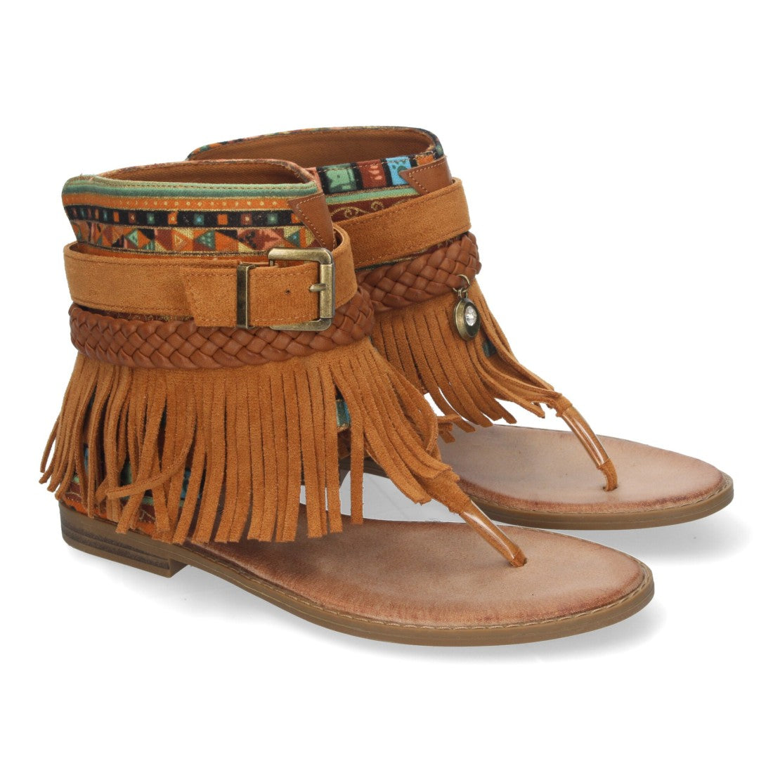 Sandalias Planas Camel Mujer Flecos Bohemias