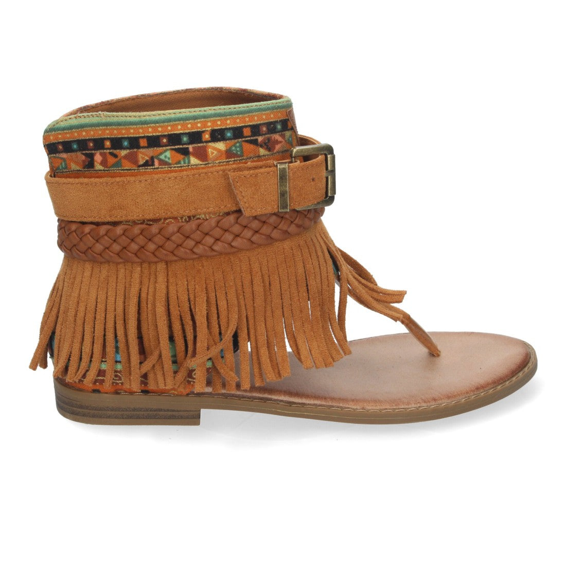 Sandalias Planas Camel Mujer Flecos Bohemias