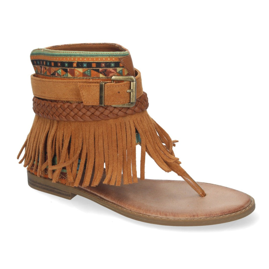 Sandalias Planas Camel Mujer Flecos Bohemias
