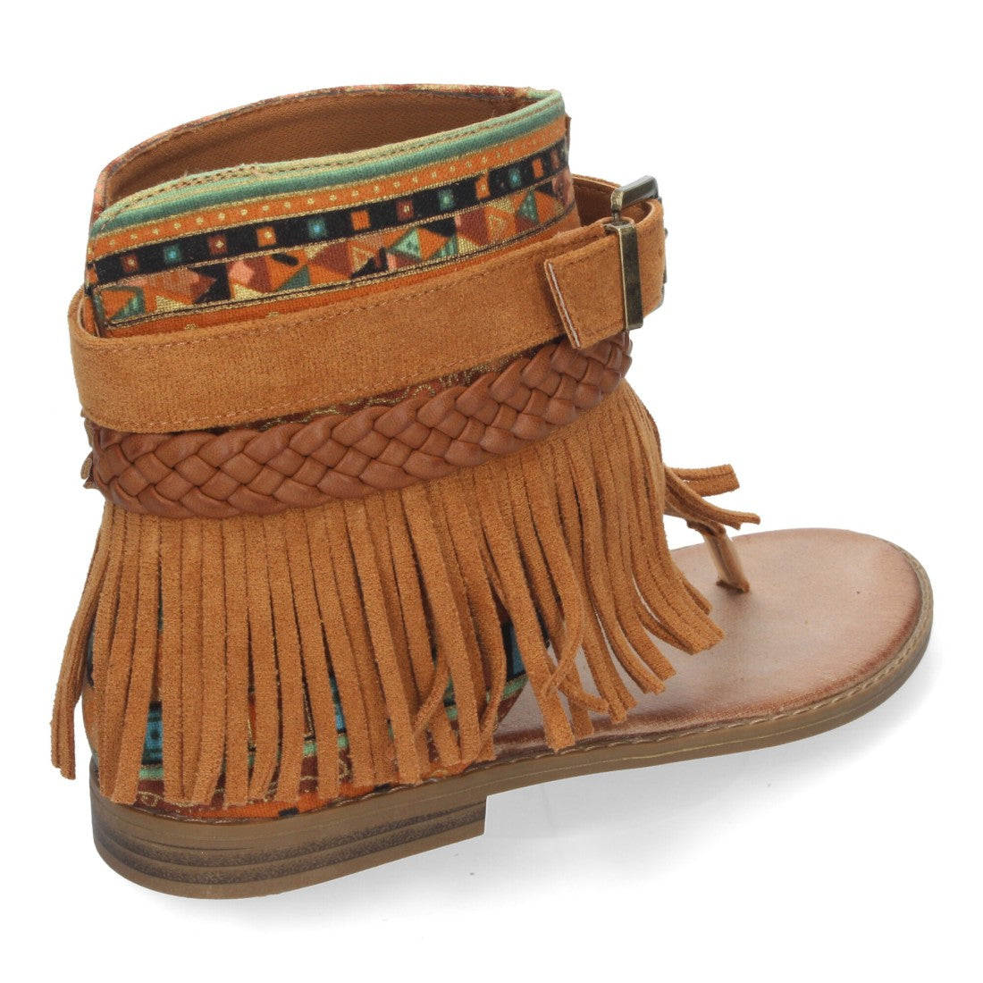 Sandalias Planas Camel Mujer Flecos Bohemias
