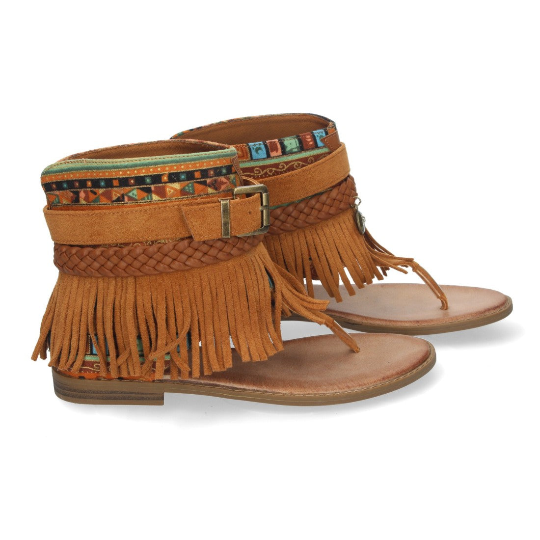 Sandalias Planas Camel Mujer Flecos Bohemias