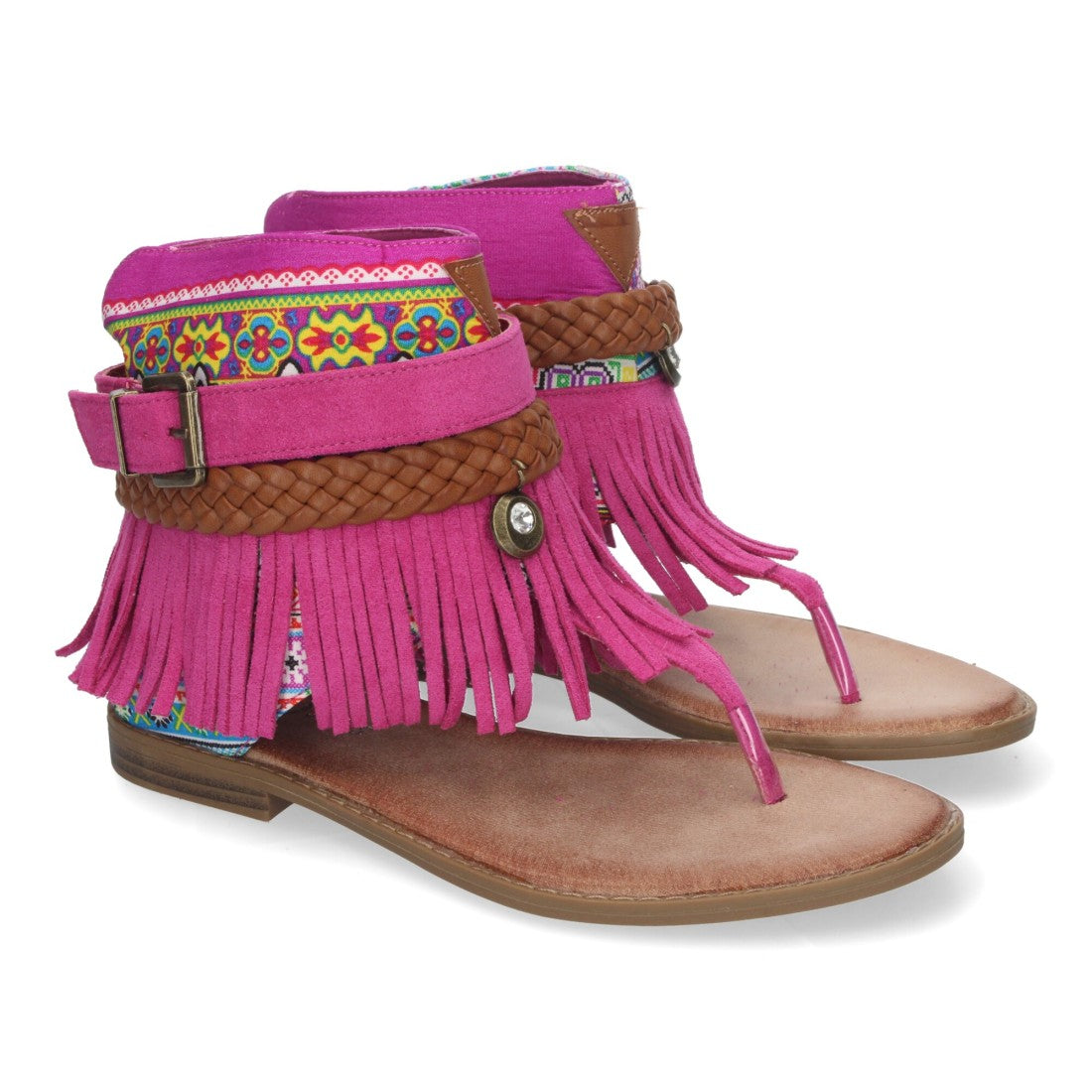 Sandalias Planas Fucsia Mujer Flecos Bohemias