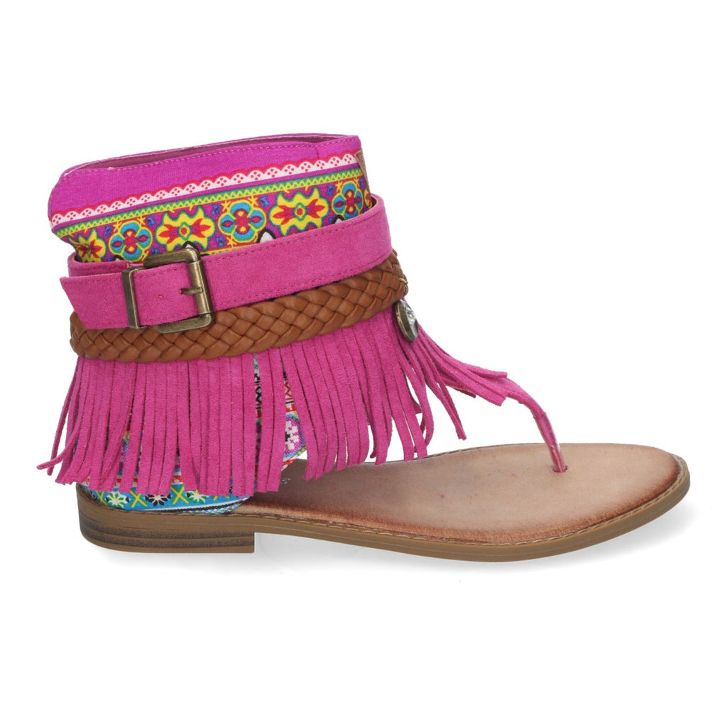 Sandalias Planas Fucsia Mujer Flecos Bohemias