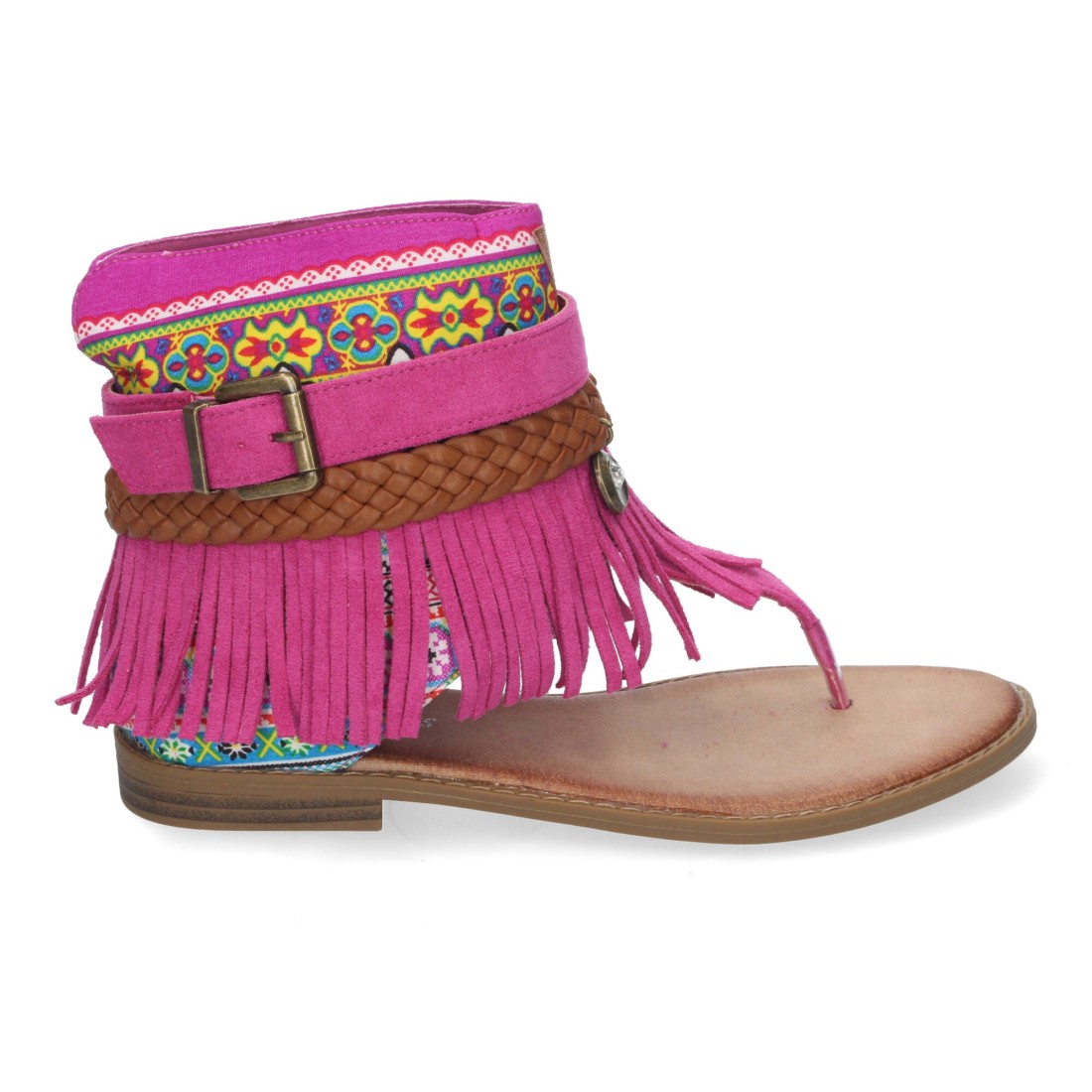 Sandalias Planas Fucsia Mujer Flecos Bohemias