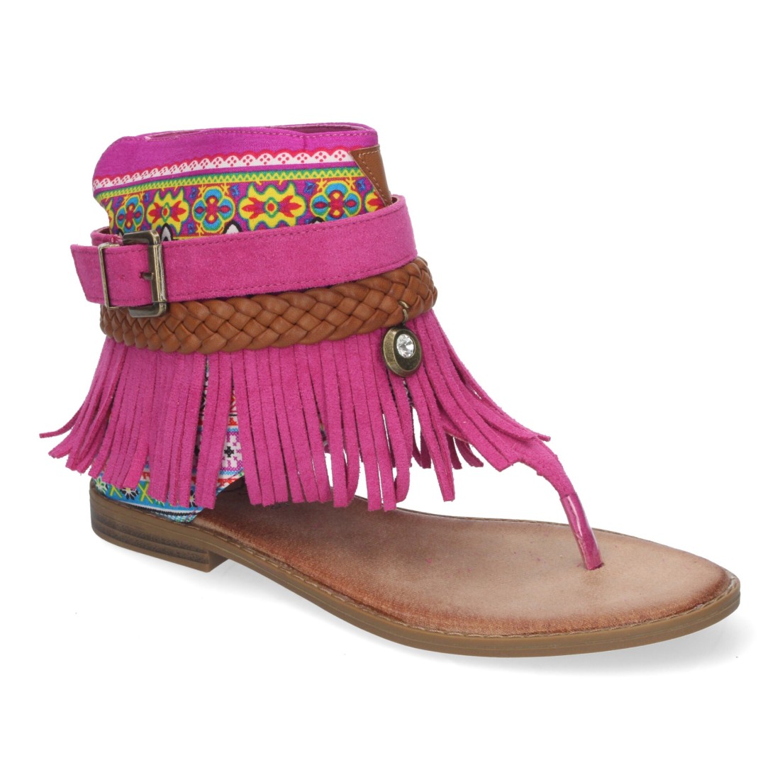 Sandalias Planas Fucsia Mujer Flecos Bohemias