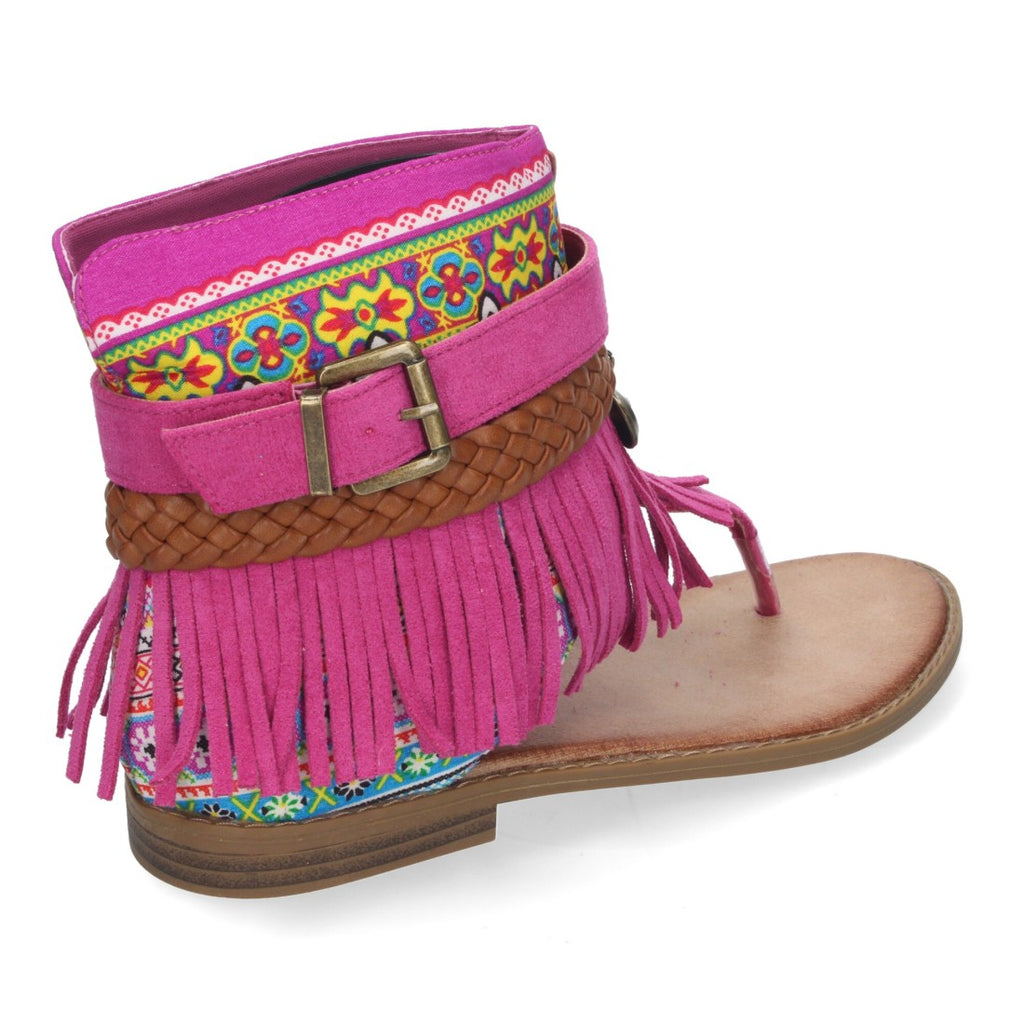 Sandalias Planas Fucsia Mujer Flecos Bohemias