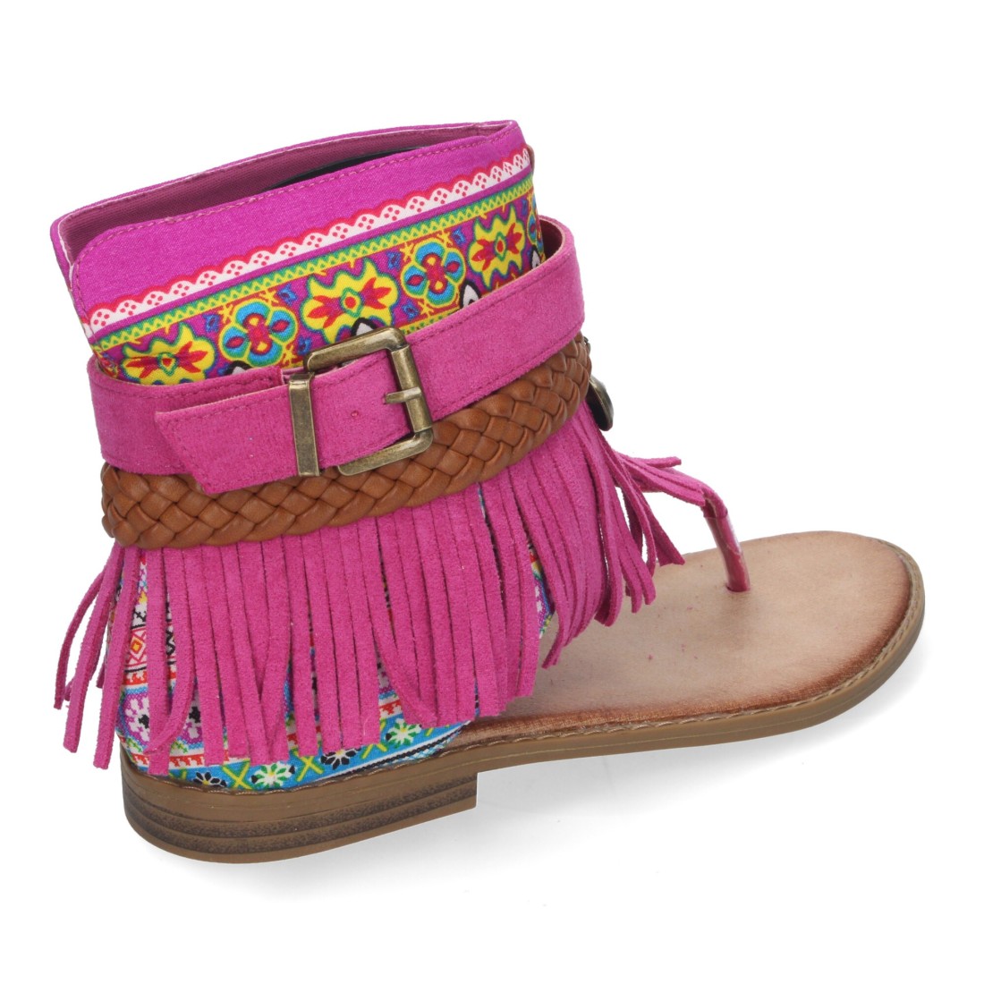 Sandalias Planas Fucsia Mujer Flecos Bohemias