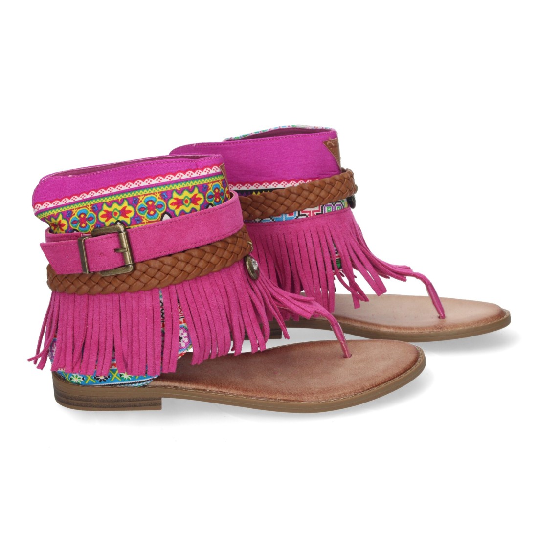 Sandalias Planas Fucsia Mujer Flecos Bohemias