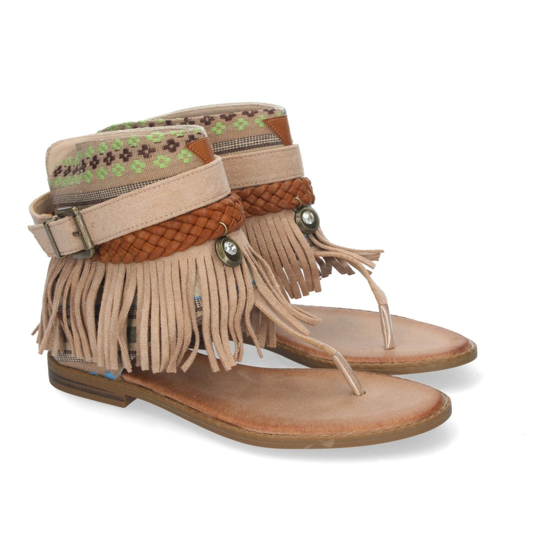 Sandalias Planas Beige Mujer Flecos Bohemias