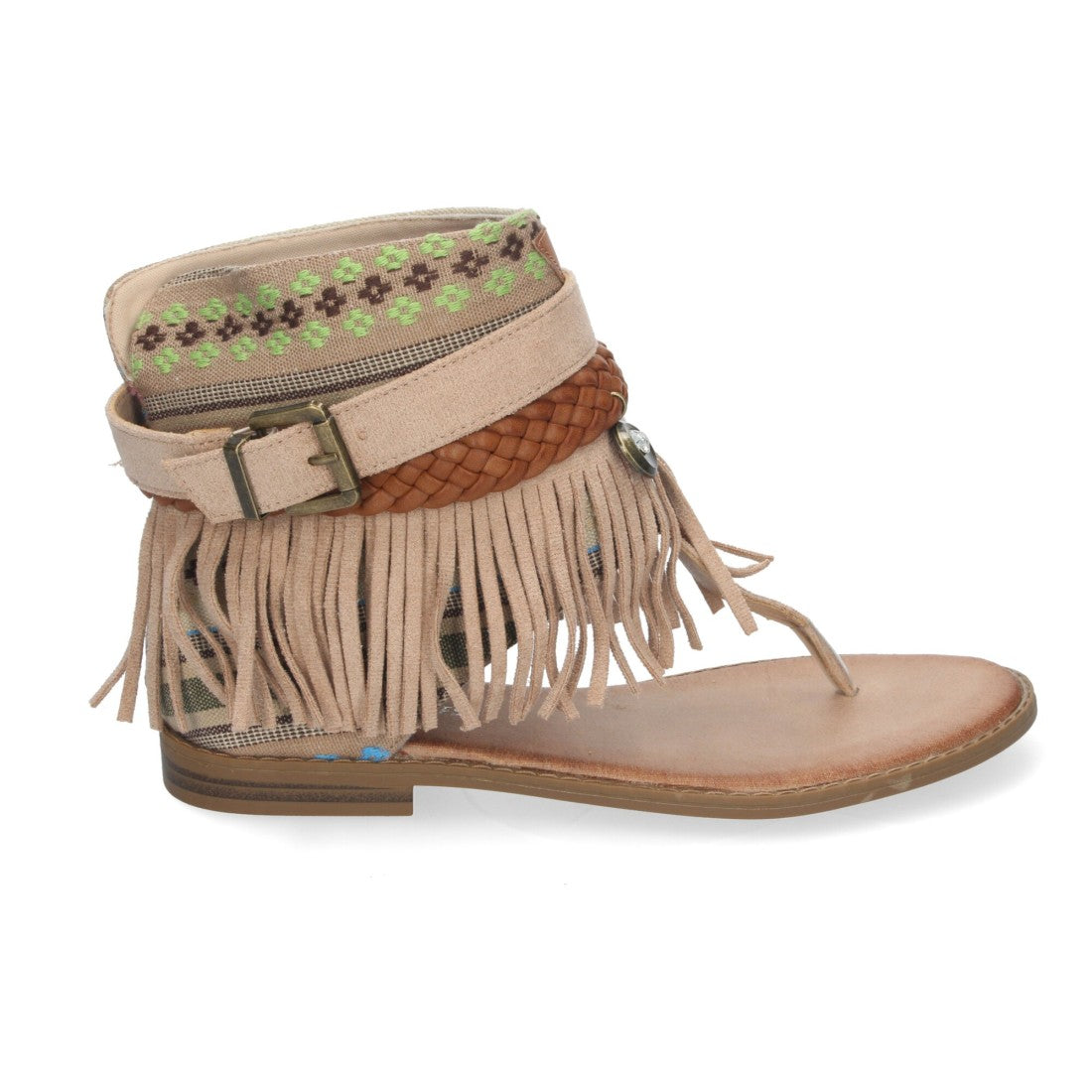 Sandalias Planas Beige Mujer Flecos Bohemias