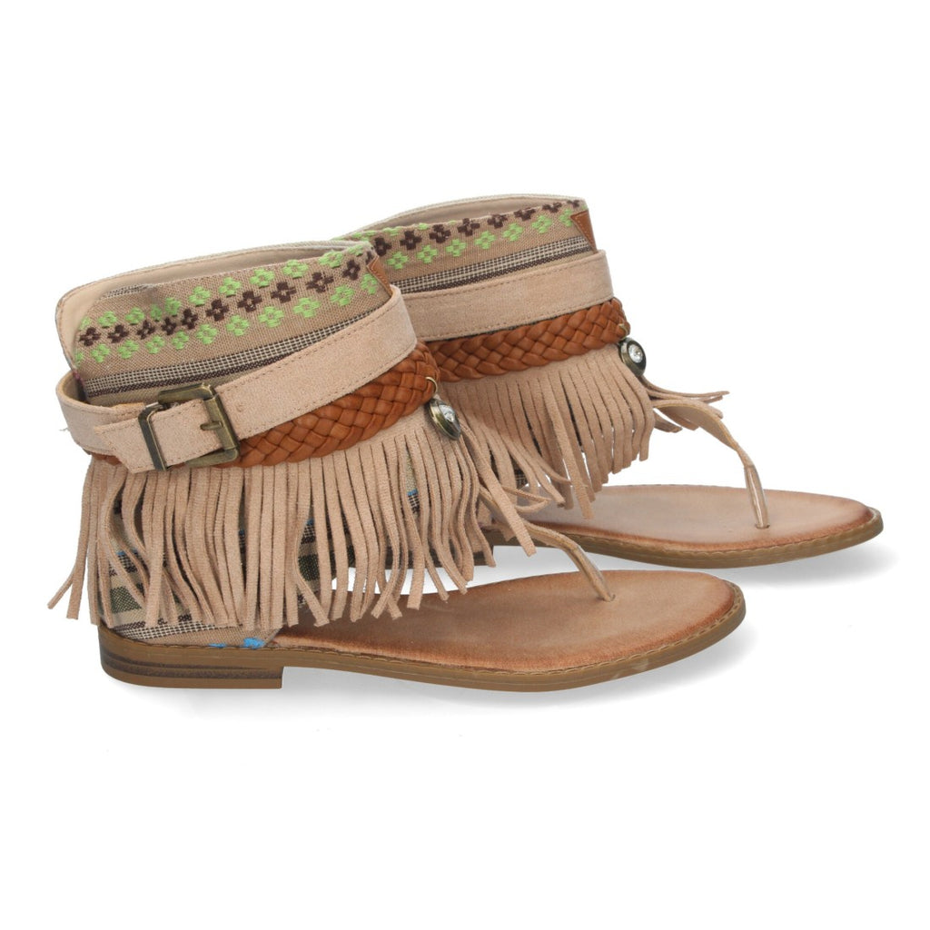 Sandalias Planas Beige Mujer Flecos Bohemias