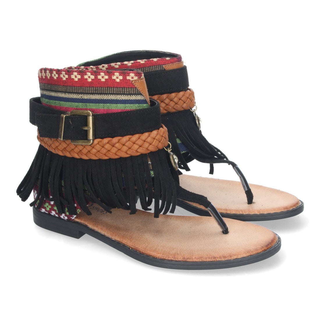 Sandalias Planas Negro Mujer Flecos Bohemias