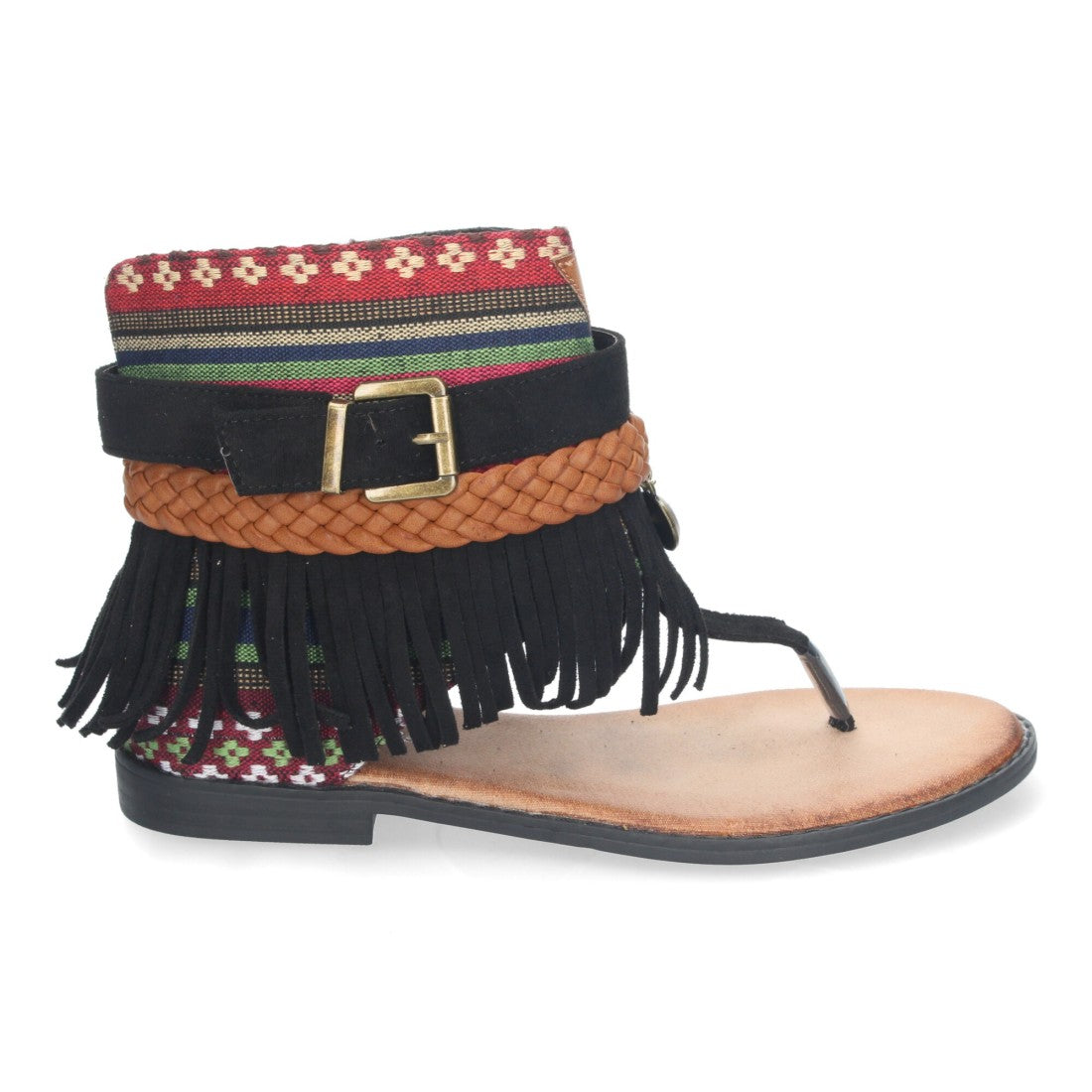 Sandalias Planas Negro Mujer Flecos Bohemias