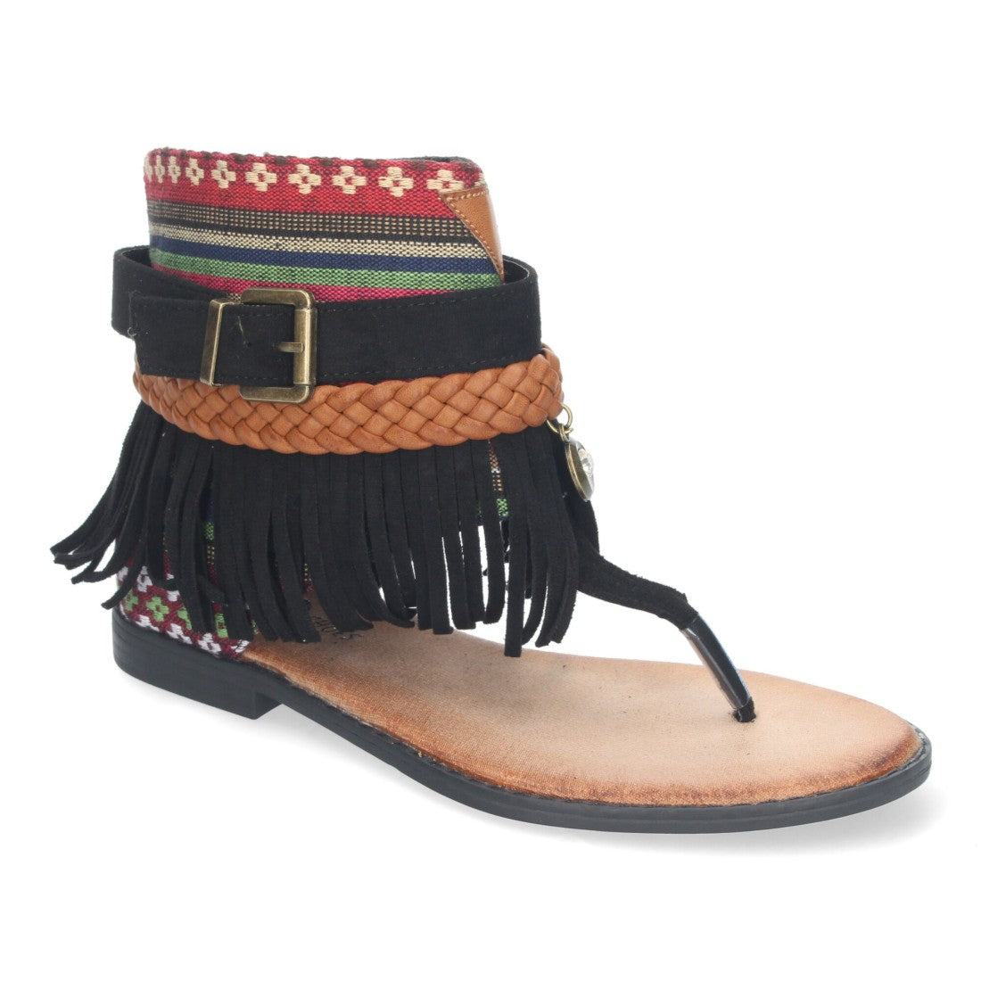 Sandalias Planas Negro Mujer Flecos Bohemias
