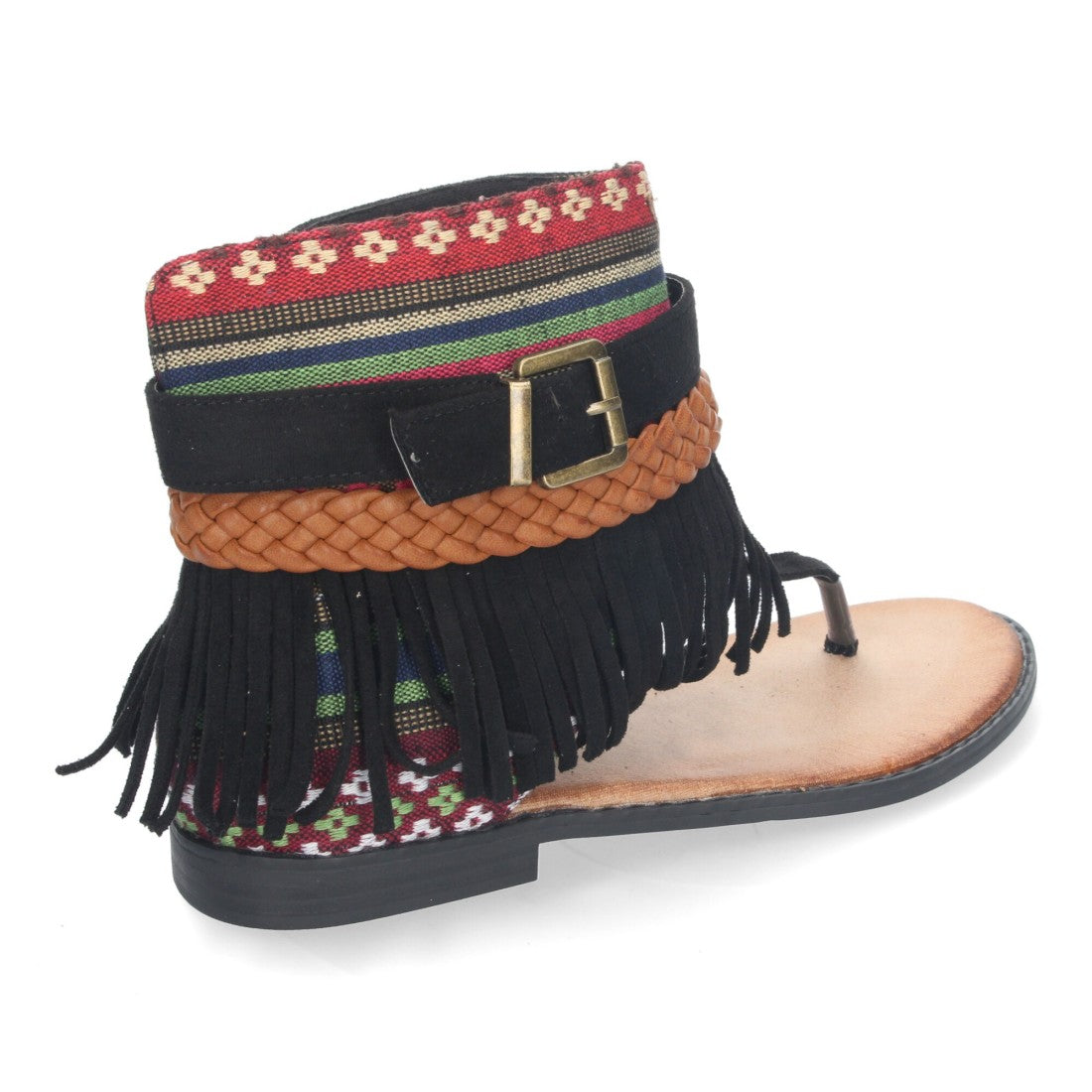 Sandalias Planas Negro Mujer Flecos Bohemias