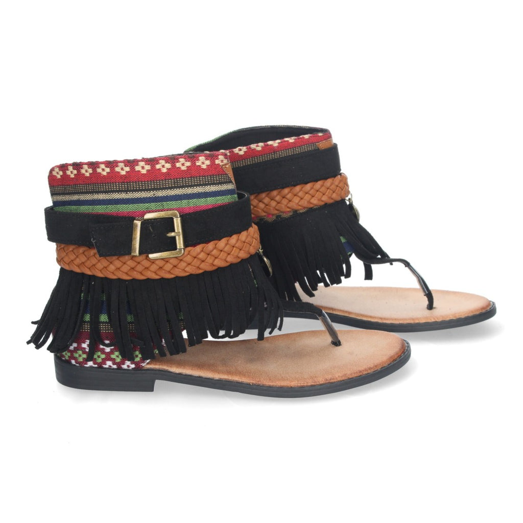 Sandalias Planas Negro Mujer Flecos Bohemias