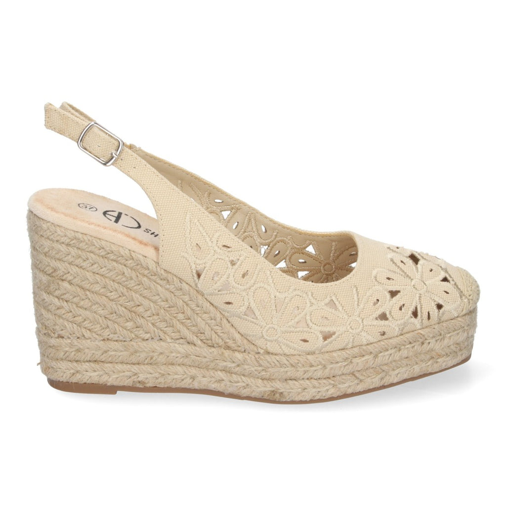 Sandalias Cuña Beige Mujer Flores Elegantes