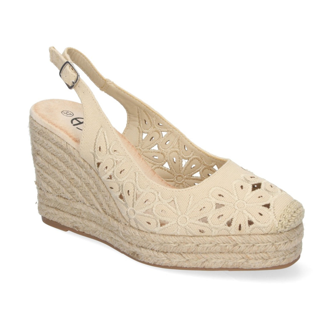 Sandalias Cuña Beige Mujer Flores Elegantes