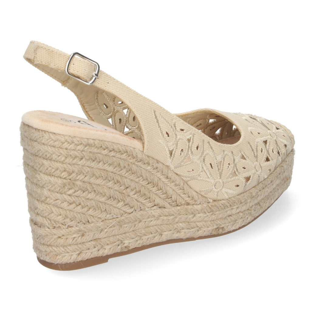 Sandalias Cuña Beige Mujer Flores Elegantes