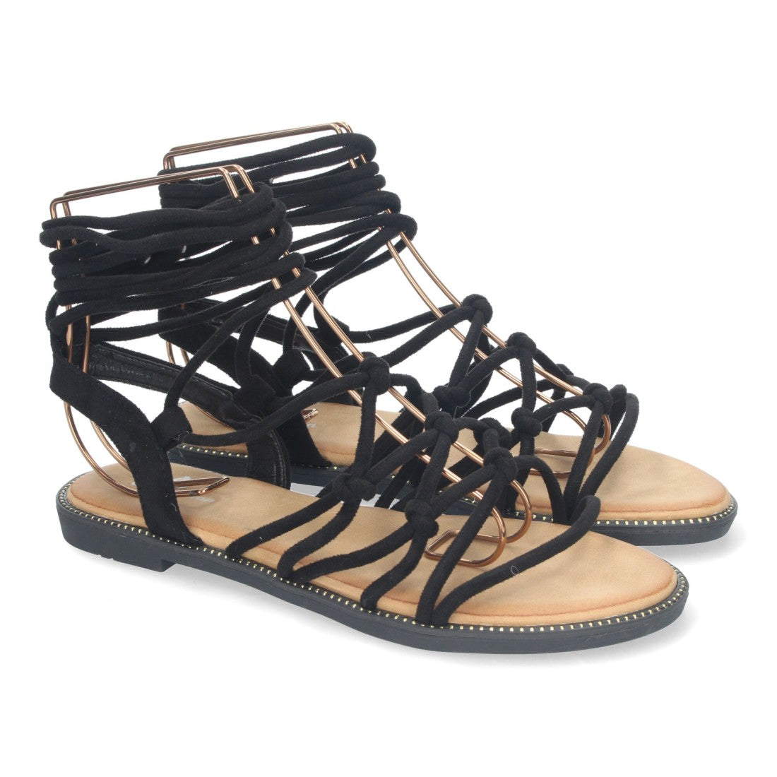 Sandalias Negras Mujer Planas Trenzadas Cordones Tobillo Elegantes