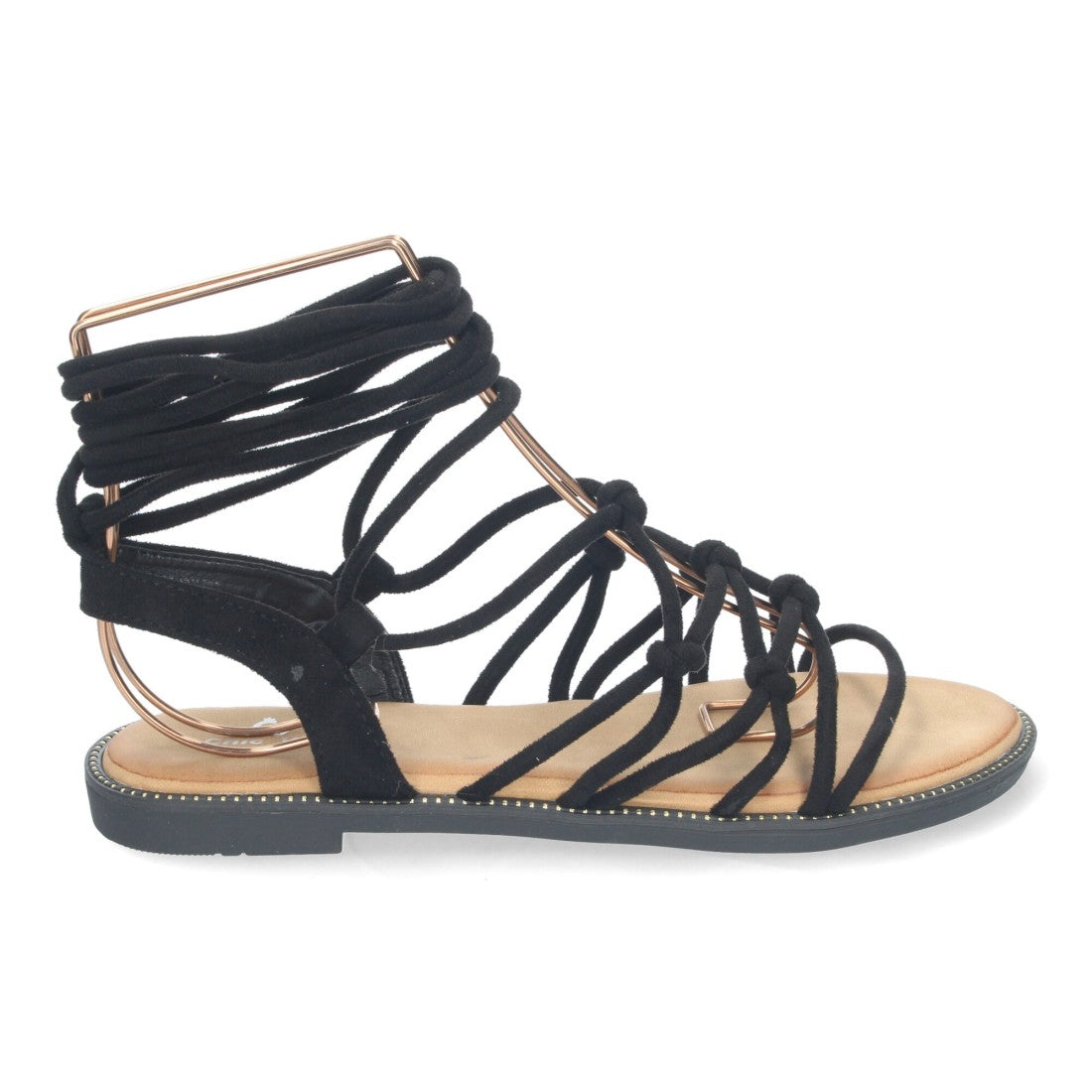 Sandalias Negras Mujer Planas Trenzadas Cordones Tobillo Elegantes
