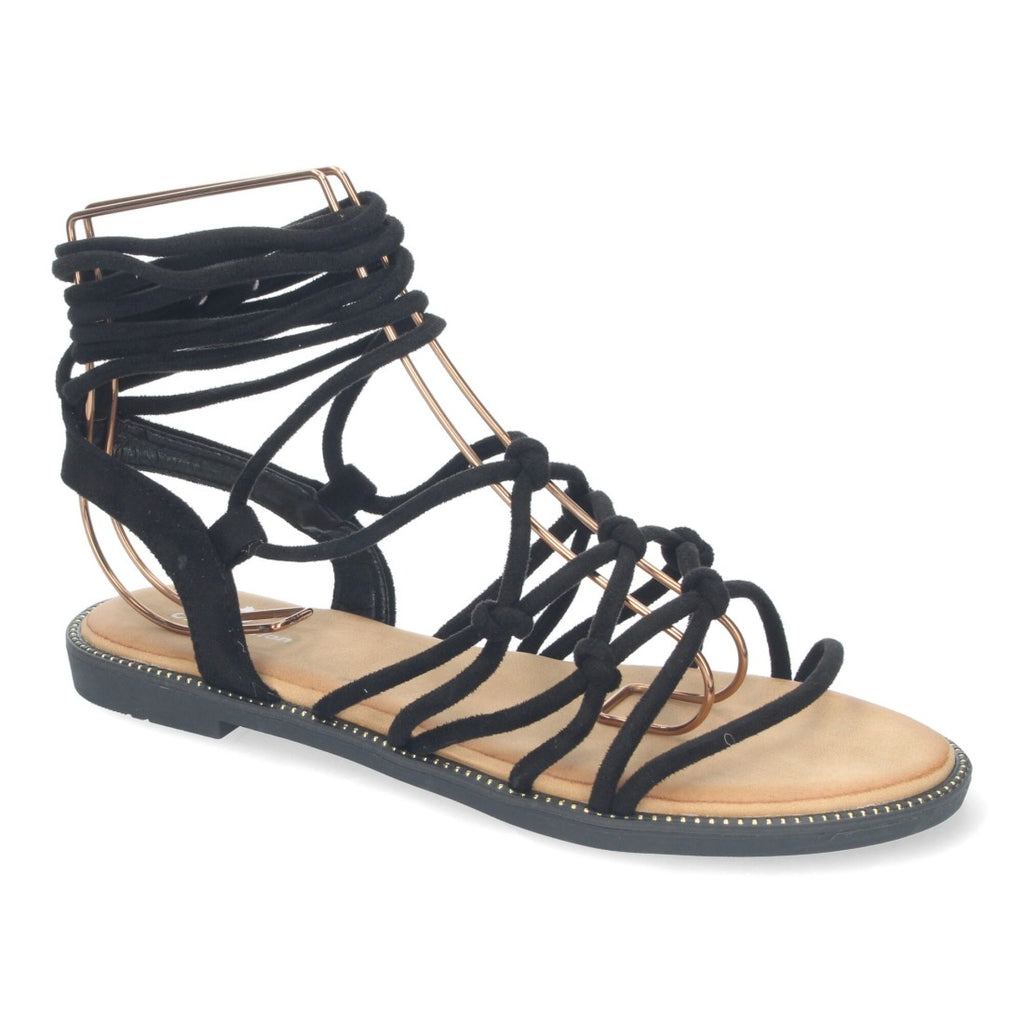 Sandalias Negras Mujer Planas Trenzadas Cordones Tobillo Elegantes
