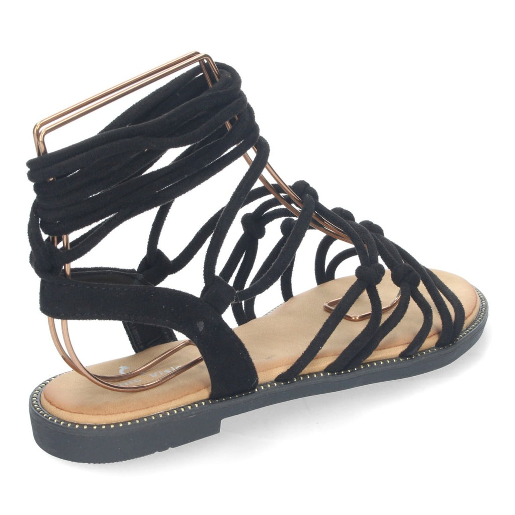 Sandalias Negras Mujer Planas Trenzadas Cordones Tobillo Elegantes