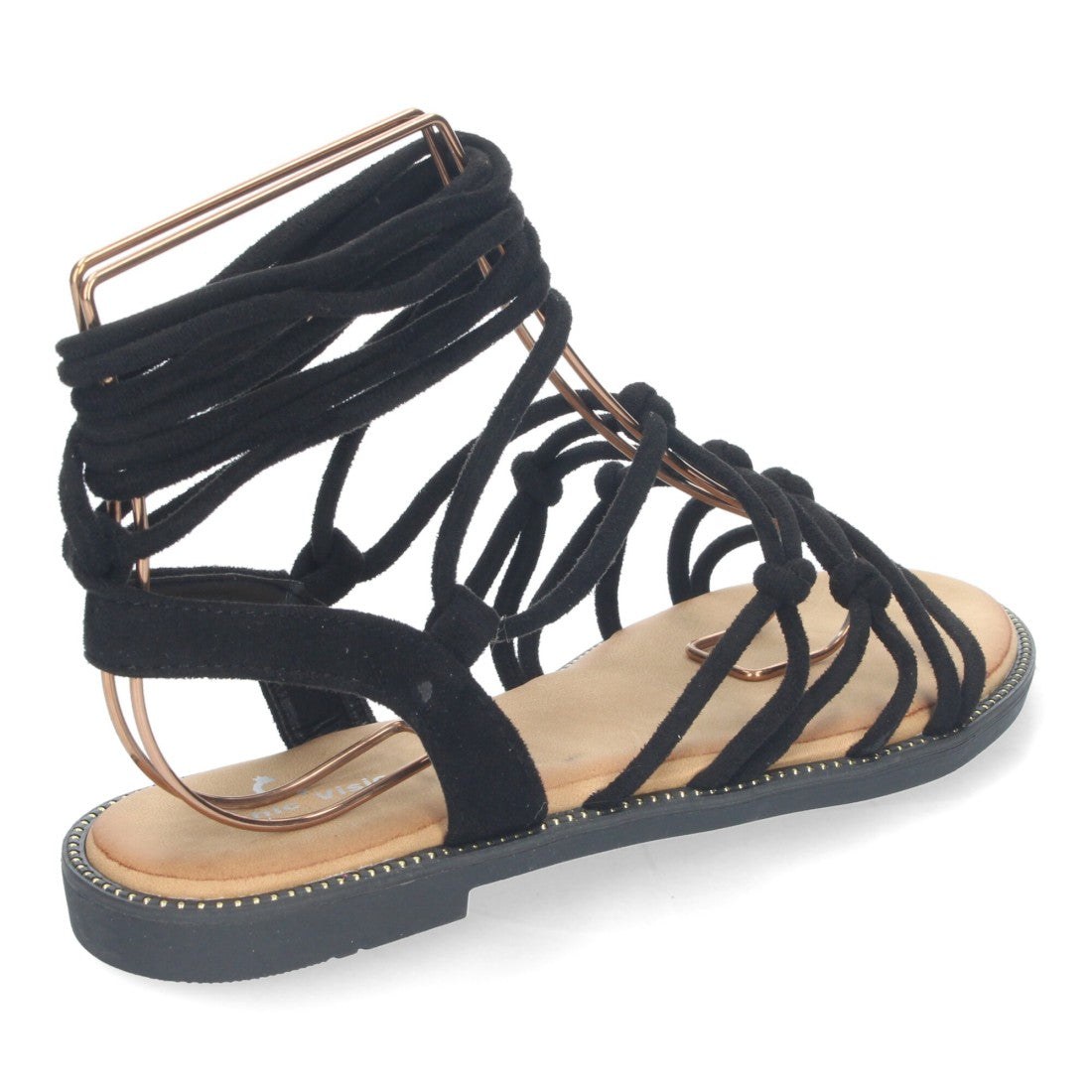 Sandalias Negras Mujer Planas Trenzadas Cordones Tobillo Elegantes