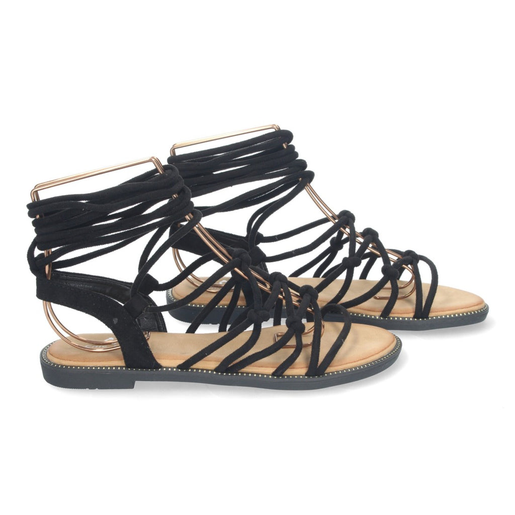 Sandalias Negras Mujer Planas Trenzadas Cordones Tobillo Elegantes