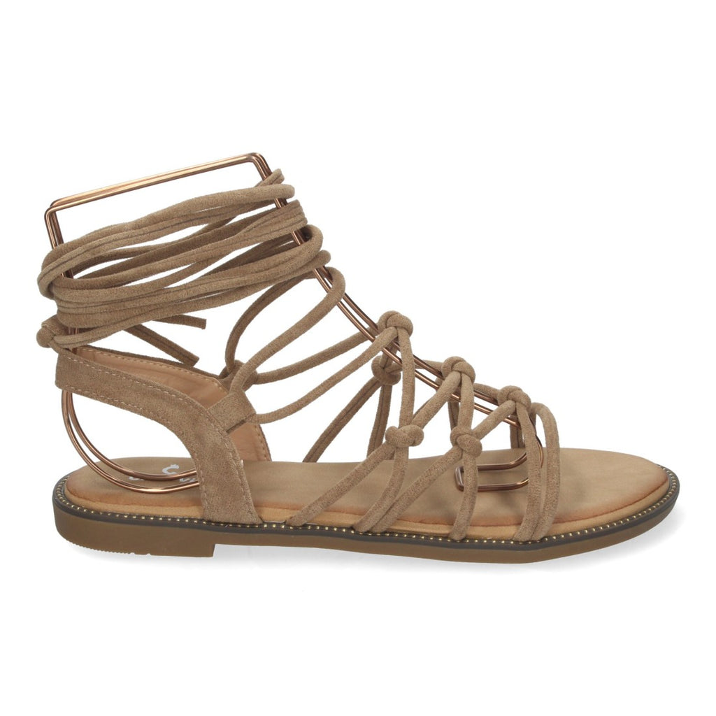 Sandalias Kaki Mujer Planas Trenzadas Cordones Tobillo Elegantes