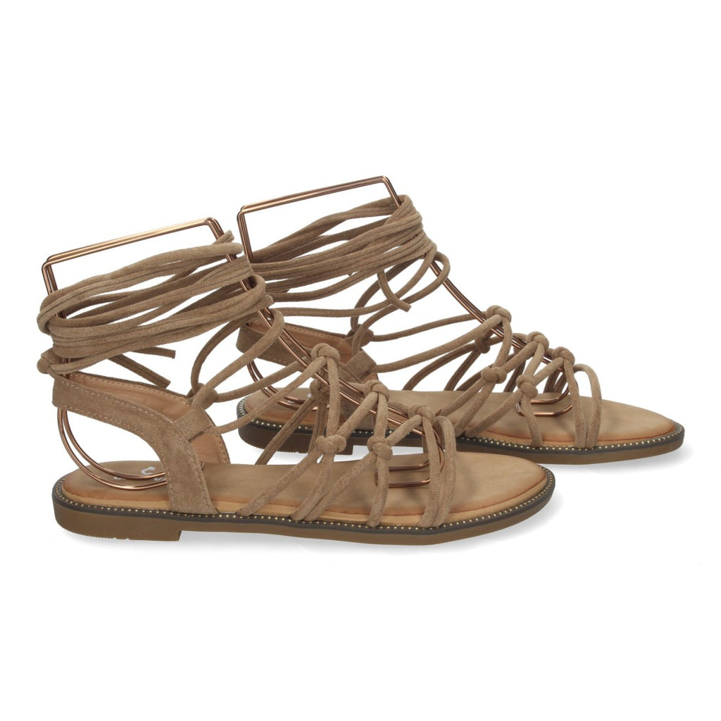 Sandalias Kaki Mujer Planas Trenzadas Cordones Tobillo Elegantes
