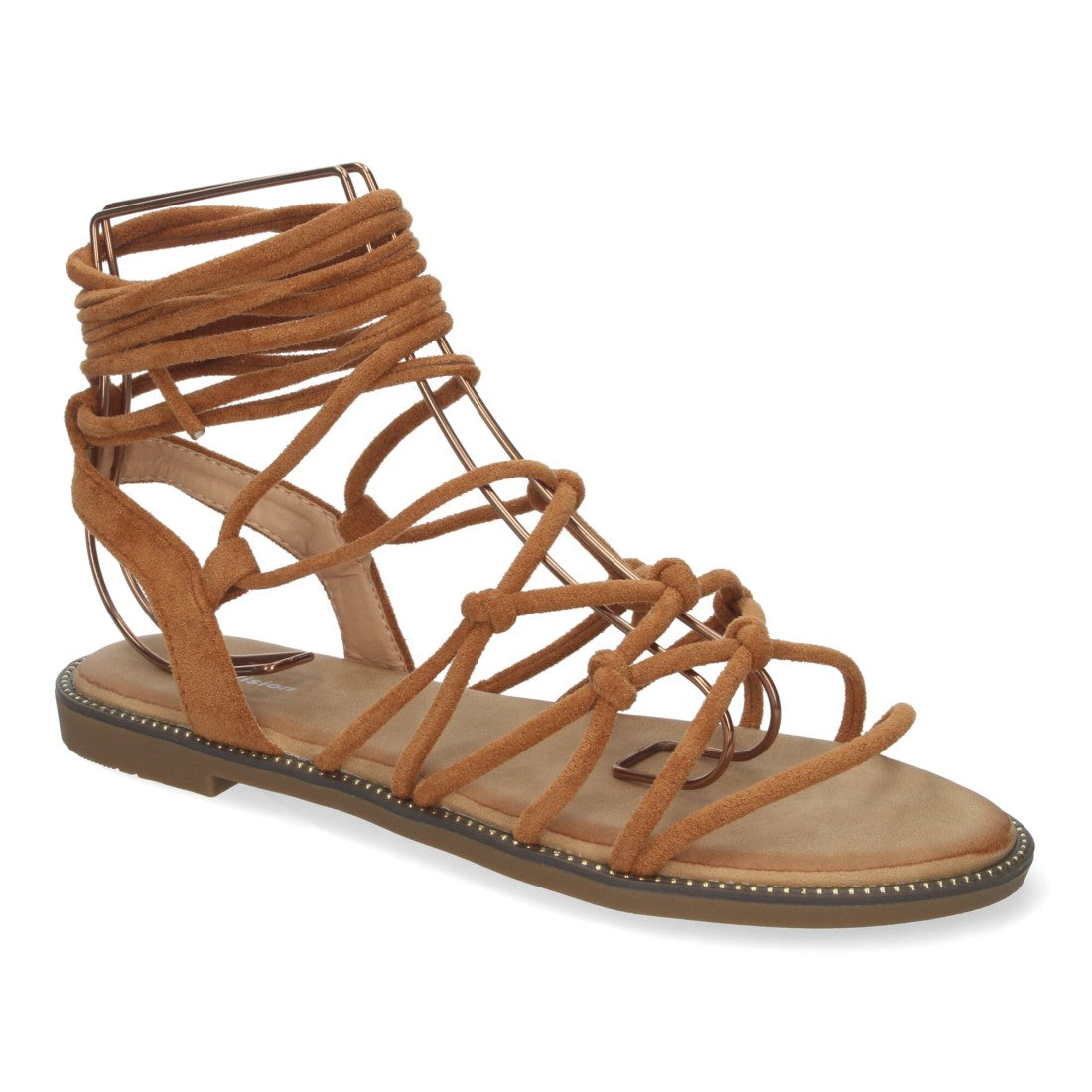 Sandalias Camel Mujer Planas Trenzadas Cordones Tobillo Elegantes