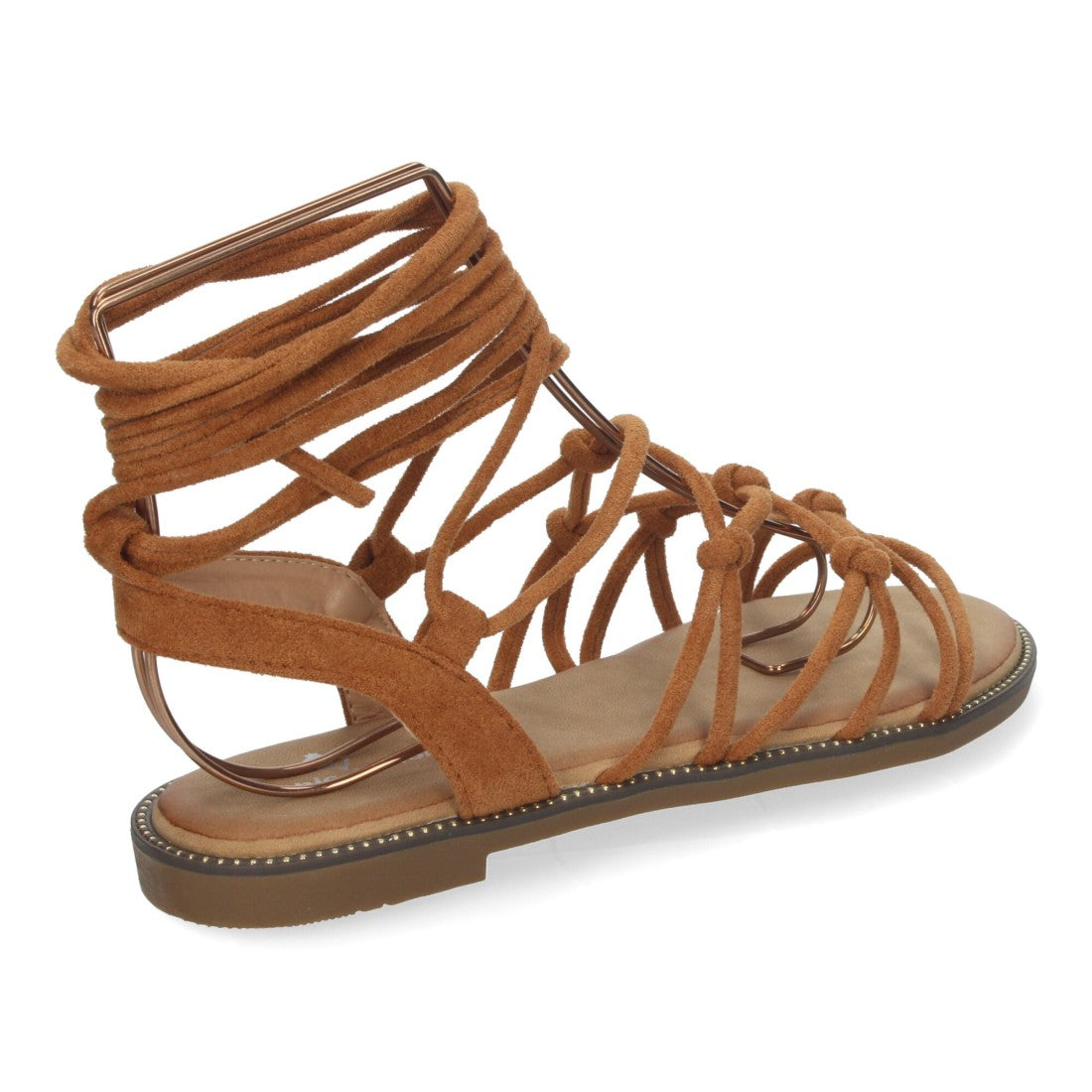 Sandalias Camel Mujer Planas Trenzadas Cordones Tobillo Elegantes