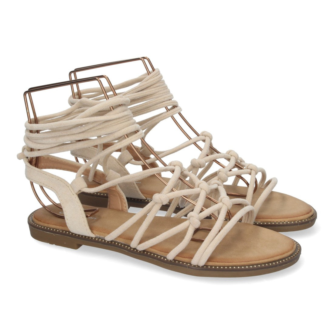Sandalias Beige Mujer Planas Trenzadas Cordones Tobillo Elegantes