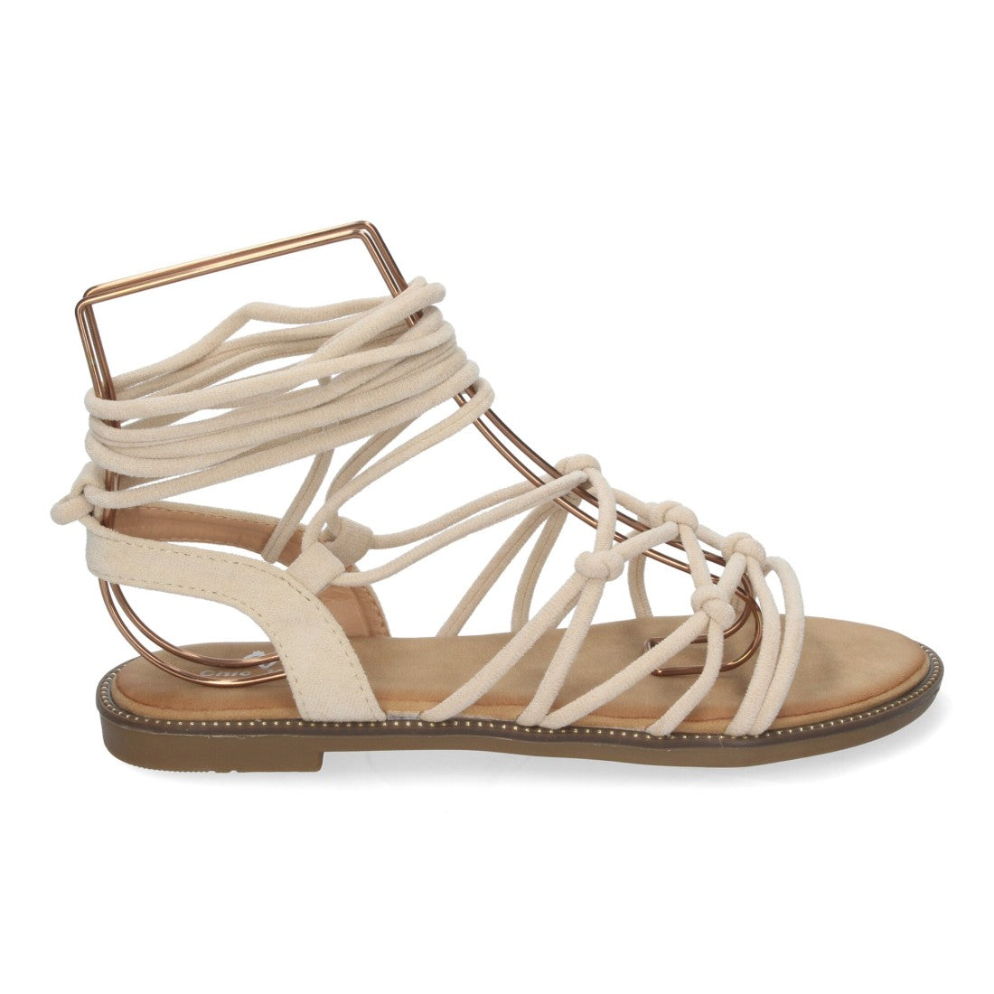 Sandalias Beige Mujer Planas Trenzadas Cordones Tobillo Elegantes