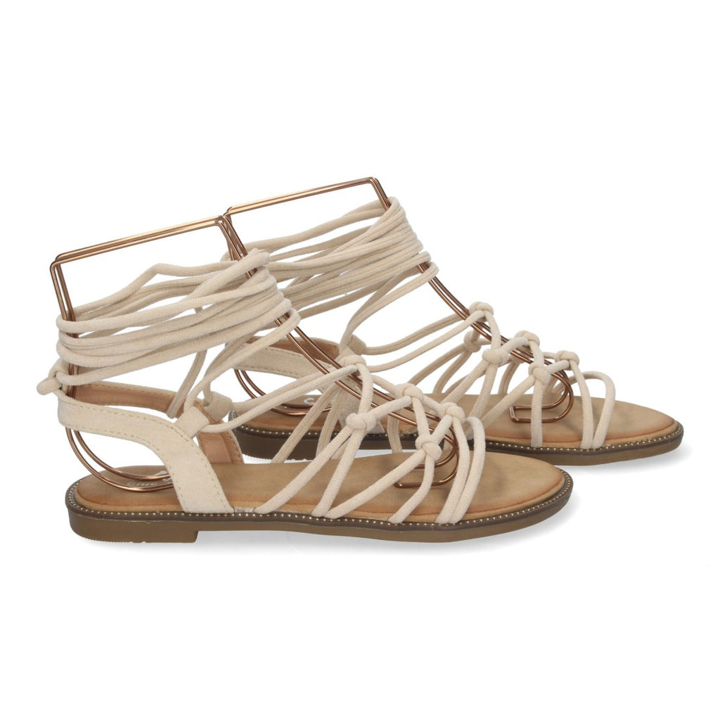 Sandalias Beige Mujer Planas Trenzadas Cordones Tobillo Elegantes