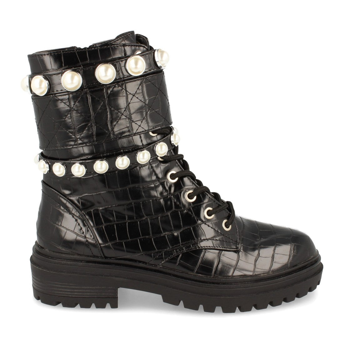 Botines Estilo Militar Negro con Perlas, Estampado Cocodrilo y Cordones