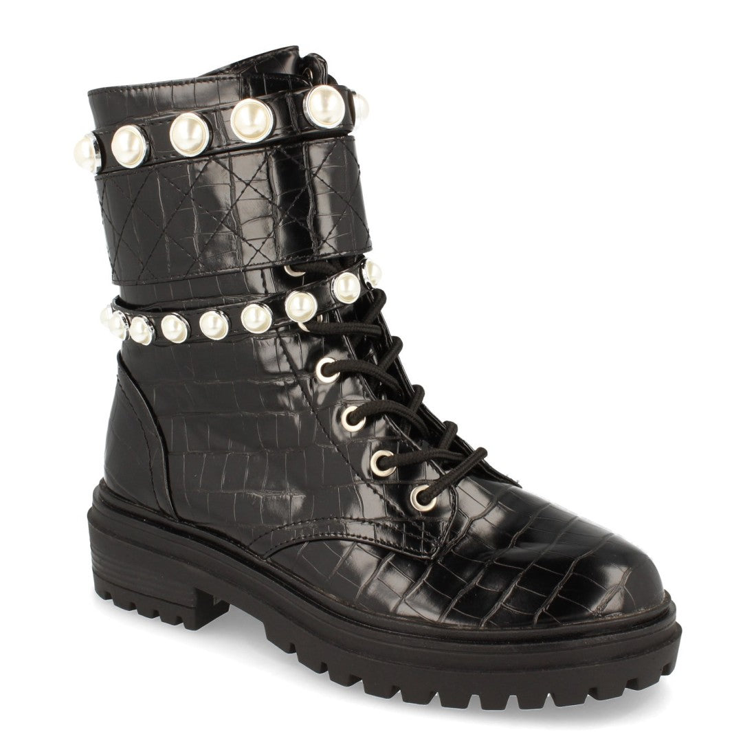 Botines Estilo Militar Negro con Perlas, Estampado Cocodrilo y Cordones