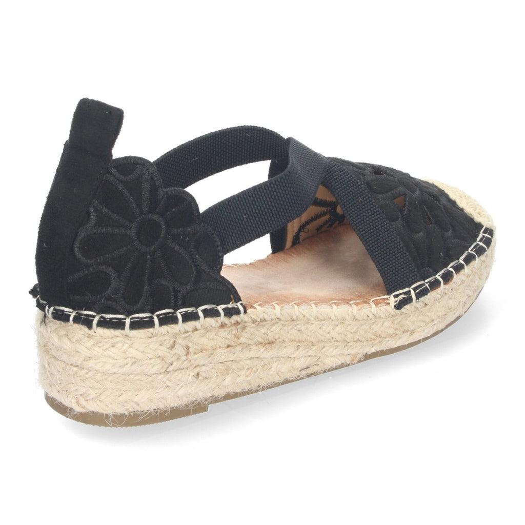 Sandalias Negras Mujer Cuña Yute Punta Cerrada Detalles Florales Elegantes
